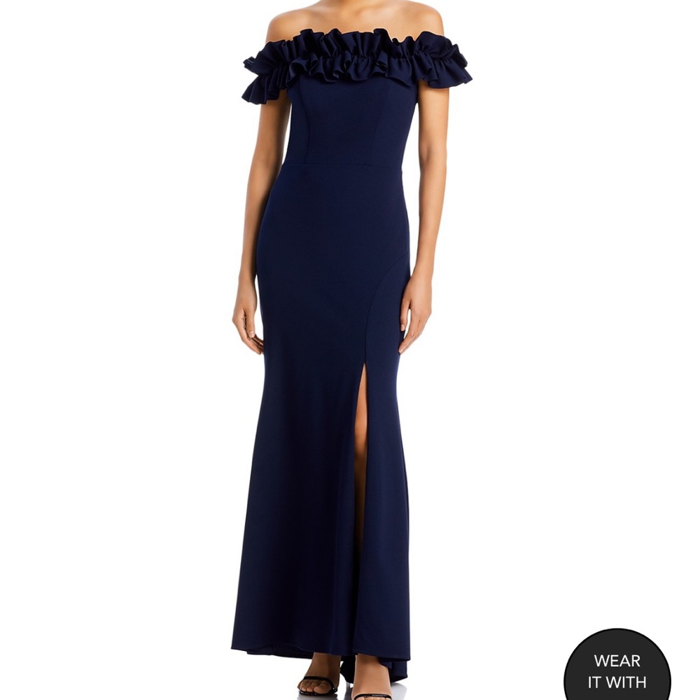 Navy Ruffled Off The Shoulder Formal Dress - Aqua Brand, size 6. Worn twice - Picture 2 of 8